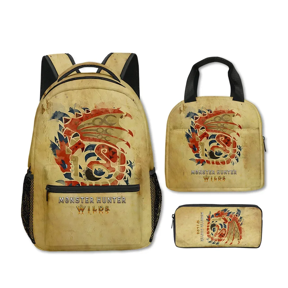 sacs d'école classiques populaires et amusants avec impression 3d de monstres sauvages, 3 pièces/ensemble, sac à dos de voyage, sac à déjeuner portable, trousse à crayons