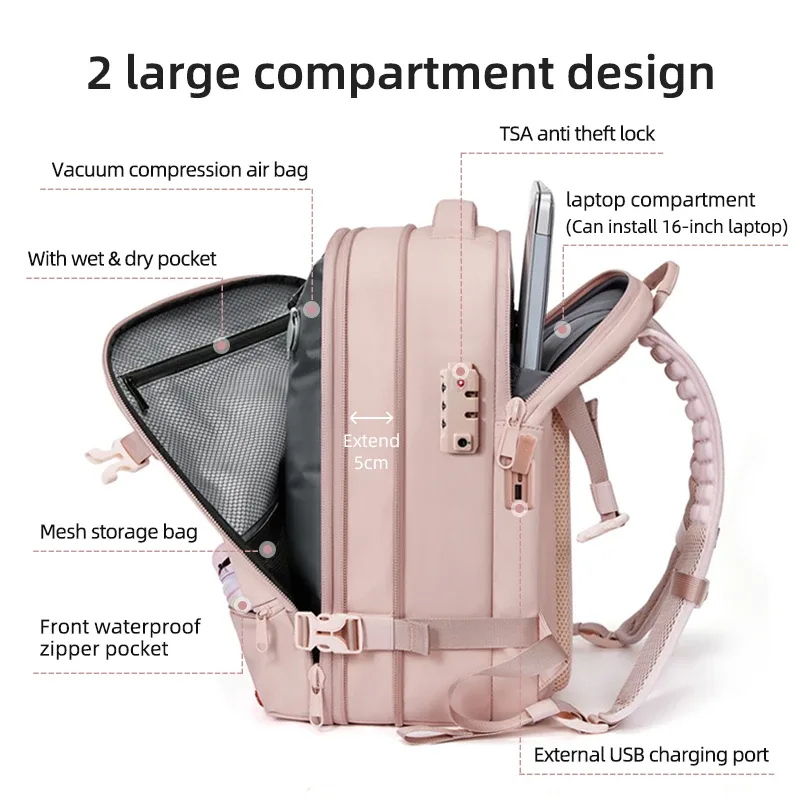 sac à dos de voyage pour femme, sac à dos pour ordinateur portable de 16 pouces avec compression sous vide, sac à dos d'école avec chargement usb, sac à dos de randonnée étendu pour affaires
