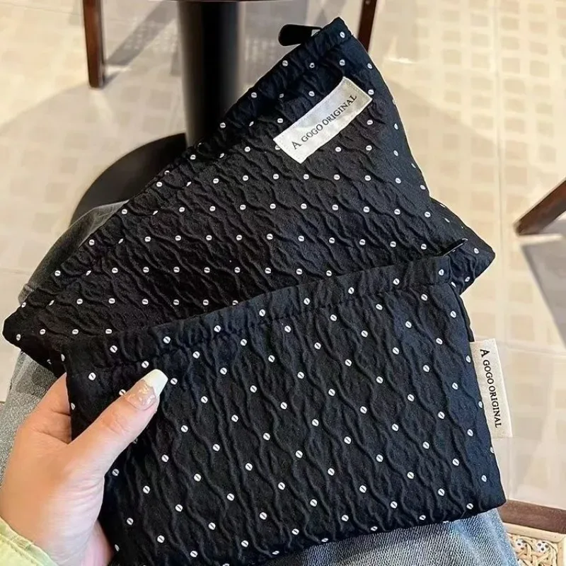 trousse de maquillage à pois avec fermeture éclair en perles, pochette cosmétique douce avec doublure, sac de rangement de toilette de voyage portable
