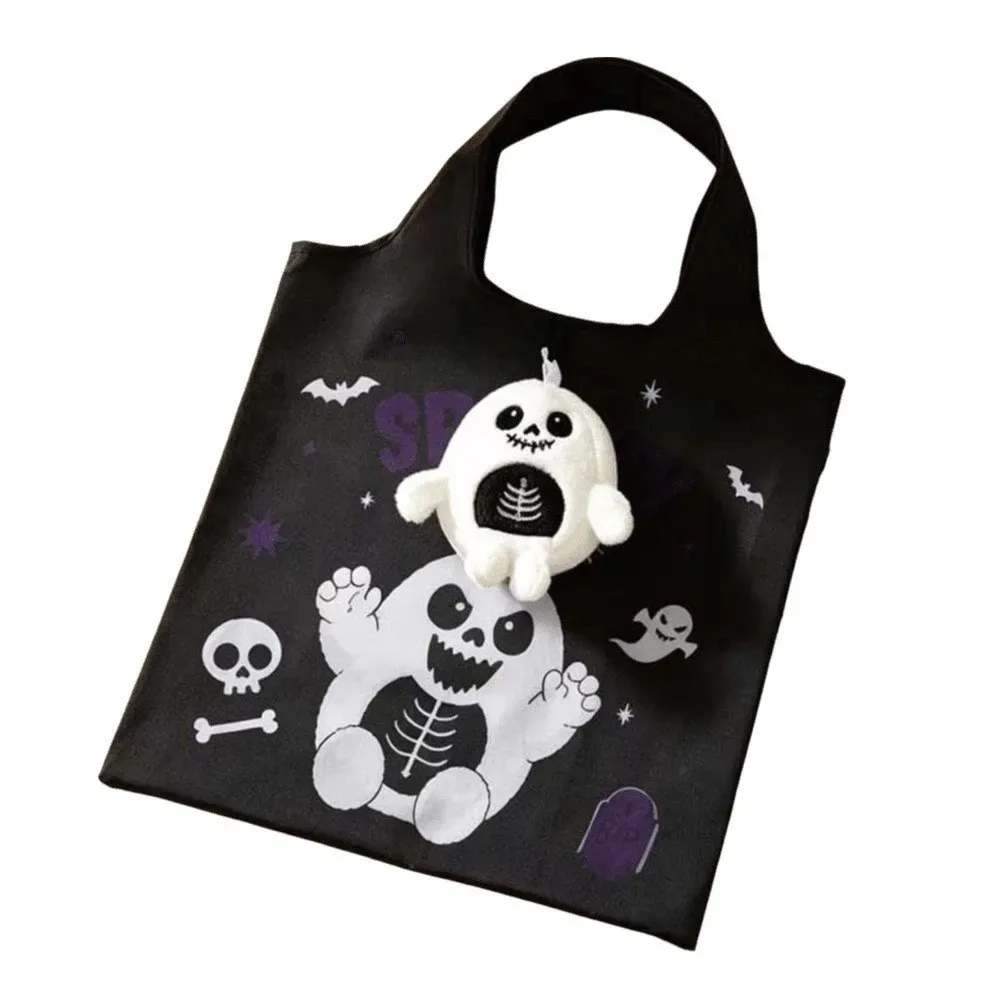 sac fourre-tout d'épicerie halloween couleur unie, mini sac à main de dessin animé peu encombrant, étui en peluche, sac 2-en-1 pliable rapidement, pochette porte-breloque