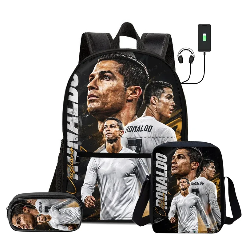 ensemble de 3 sacs à dos avec sac à bandoulière, trousse scolaire pour enfant, sac à dos ronaldo avec interface usb, sac à dos pour enfants