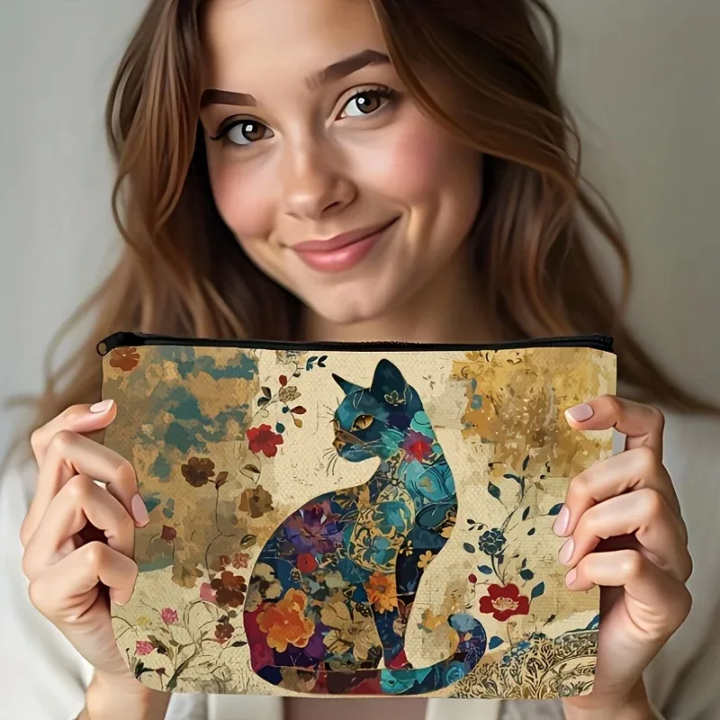 Trousse de maquillage légère en polyester à motif de chat floral vibrant avec pochette cosmétique de voyage à fermeture éclair pour femmes, fleurs de design artistique