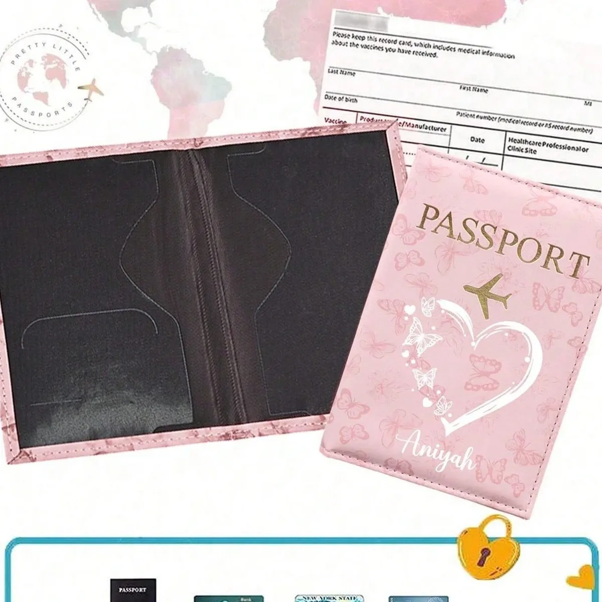 1 pièce porte-passeport personnalisé avec nom, motif papillon, organiseur de documents de voyage, étui à cartes, portefeuille de passeport unisexe