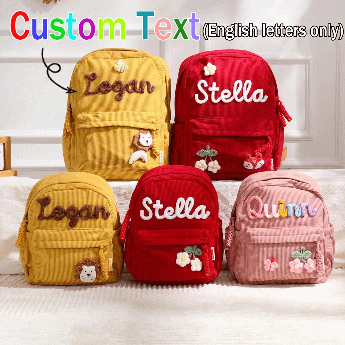 Sacs à dos personnalisés en velours côtelé – Sacs à dos brodés sur mesure, décorations florales/animalières, styles parent-enfant, sac pour sœur/frère