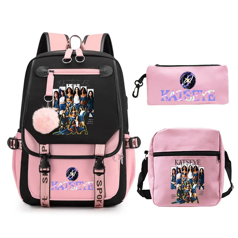 sac à dos imprimé katseye kpop pour adolescentes, ensemble de trousses à crayons, sac à dos d'école pour étudiantes, mochila de voyage pour femmes, 3 pièces