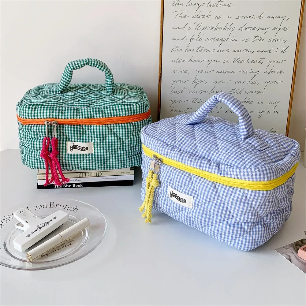 ensemble de trousses de toilette à carreaux, style simple, grande capacité, sac de rangement portable pour outils cosmétiques, pour la maison, la salle de bain