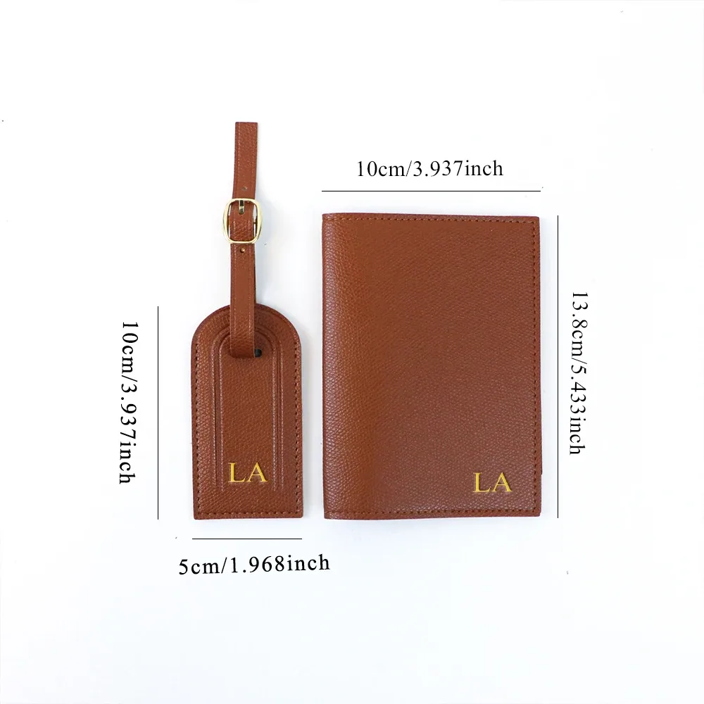 étiquette de bagage anti-perte en cuir pu personnalisée + ensemble de deux pièces pour porte-documents de voyage et porte-passeport