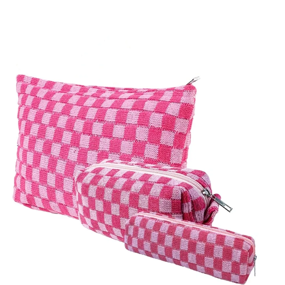 trousse de maquillage à carreaux 3 pièces, trousse de toilette de voyage, sac de pinceaux de maquillage mignon, sacs à cosmétiques pour femmes, sacs de maquillage à fermeture éclair pour sac à main
