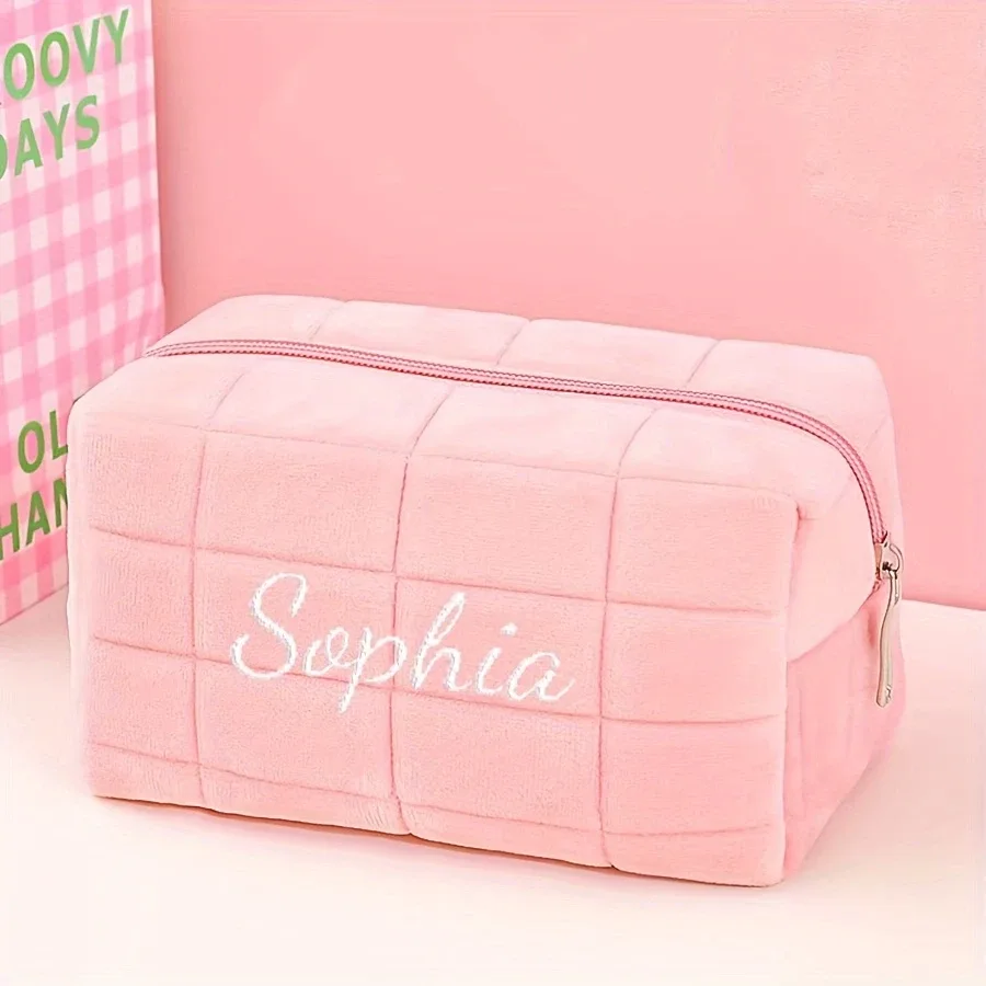 sac de rangement cosmétique en fourrure unie personnalisé avec nom, pour femme, avec fermeture éclair, organiseur de maquillage, sac à main, trousse à crayons, trousse de toilette de voyage