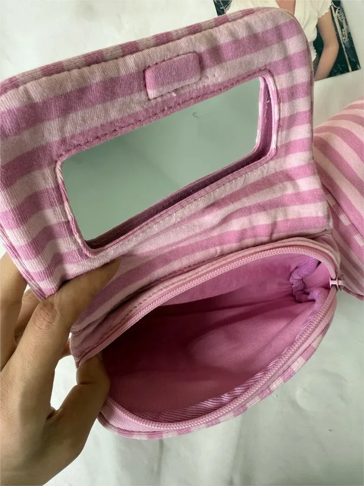 trousse de maquillage rose rayée avec miroir et fermeture éclair, sac de voyage portable pour femmes, organisateur cosmétique mignon et adorable, pochette de toilette