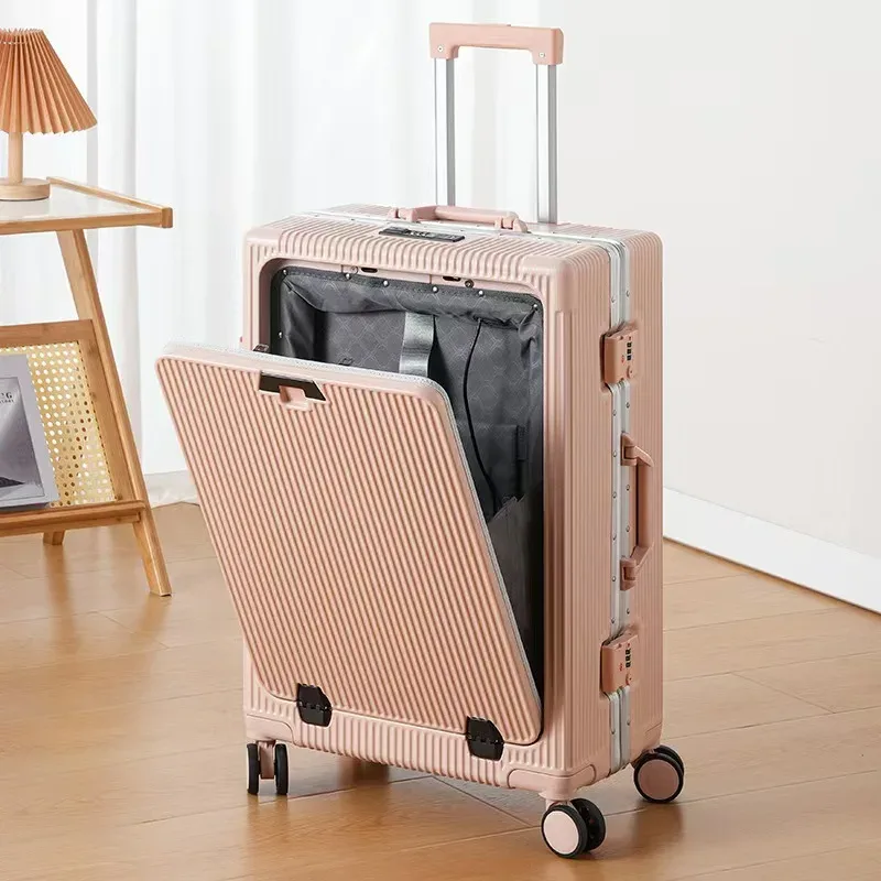 nouvelle valise ouverture avant pochette d'ordinateur cadre en aluminium bagages avec port usb mot de passe boîtier de chariot valises de voyage 20-28 pouces