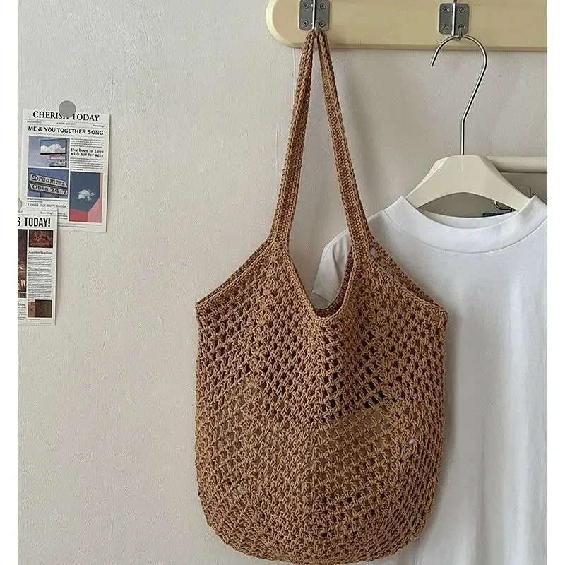nouveau sac à bandoulière décontracté en coton tricoté grande capacité, style paresseux, avec motif ajouré en paille, pour femme, idéal pour les vacances et la plage