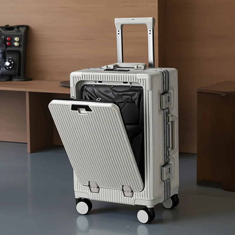 valise de voyage ko-ku nouvelle version avec ouverture frontale, compartiment pour ordinateur portable, cadre en aluminium 20-28, et porte-gobelet