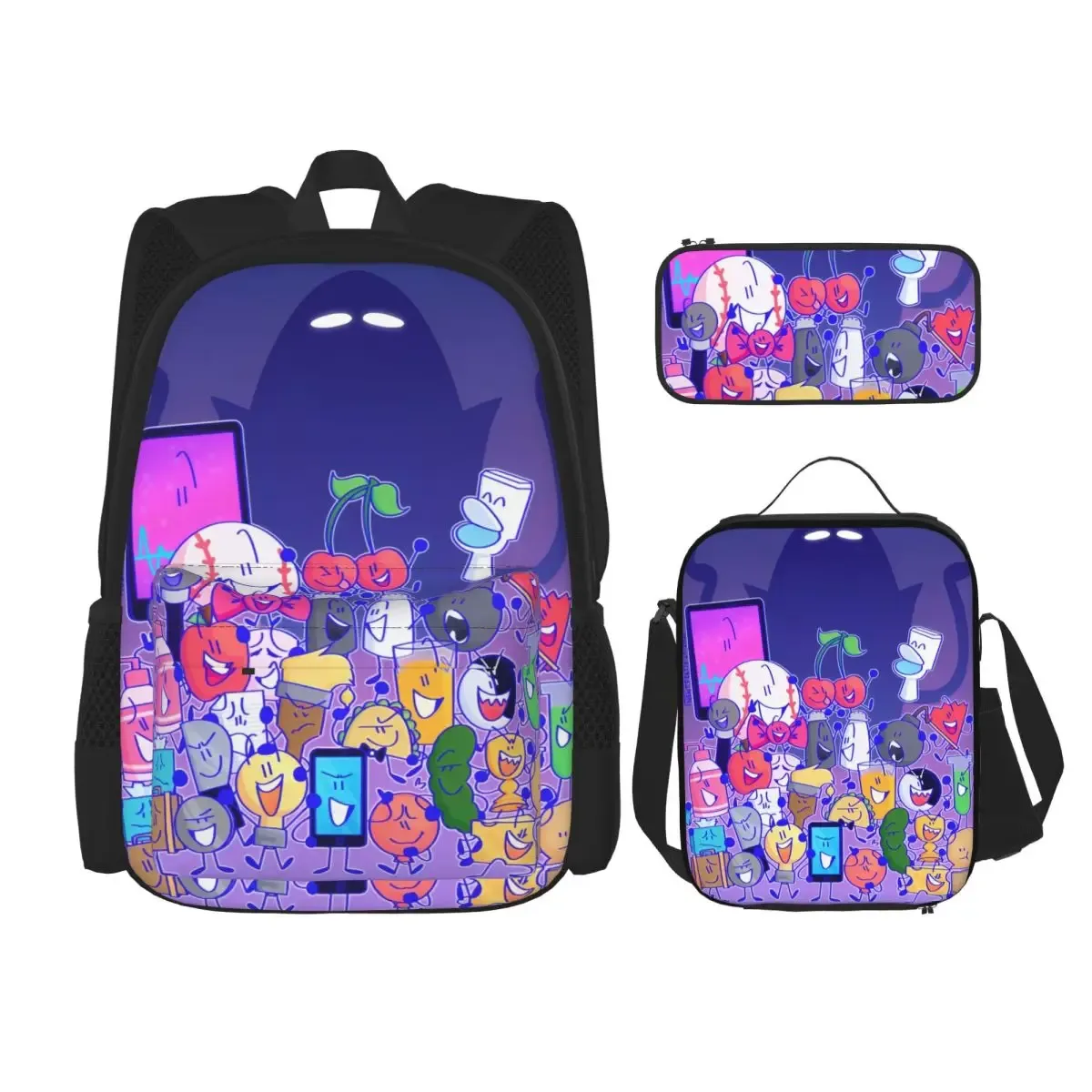 bfdi bfb et tpot bataille pour dream island dessin animé 3pecs/ensemble sac à dos pour adolescent ordinateur portable sac à bandoulière sac à déjeuner trousse à crayons