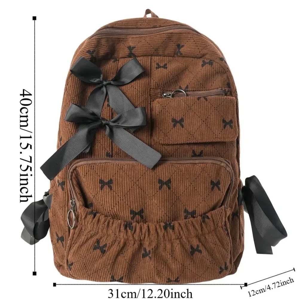 sac à dos décontracté en velours côtelé avec nœud, design soyeux, pour étudiants, en polyester, avec sangles fixes, grande capacité