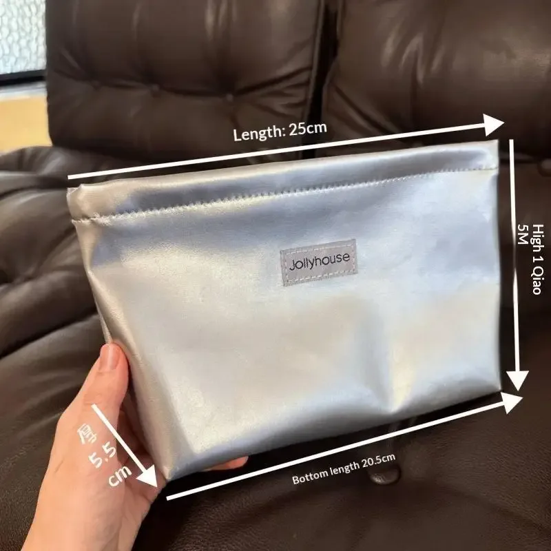 trousse de maquillage portable grande capacité en pu argenté, trousse de toilette multifonctionnelle avec fermeture éclair, sac cosmétique polyvalent