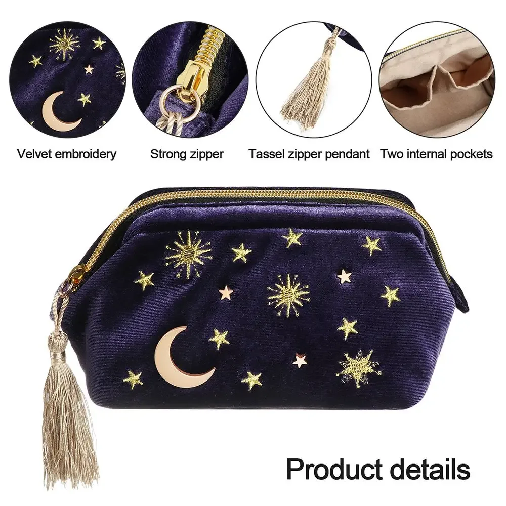 trousse à cosmétiques en velours brodée, motif étoile et lune, trousse de maquillage portable, sac à bijoux exquis, organisateur de voyage, poudres pinceaux