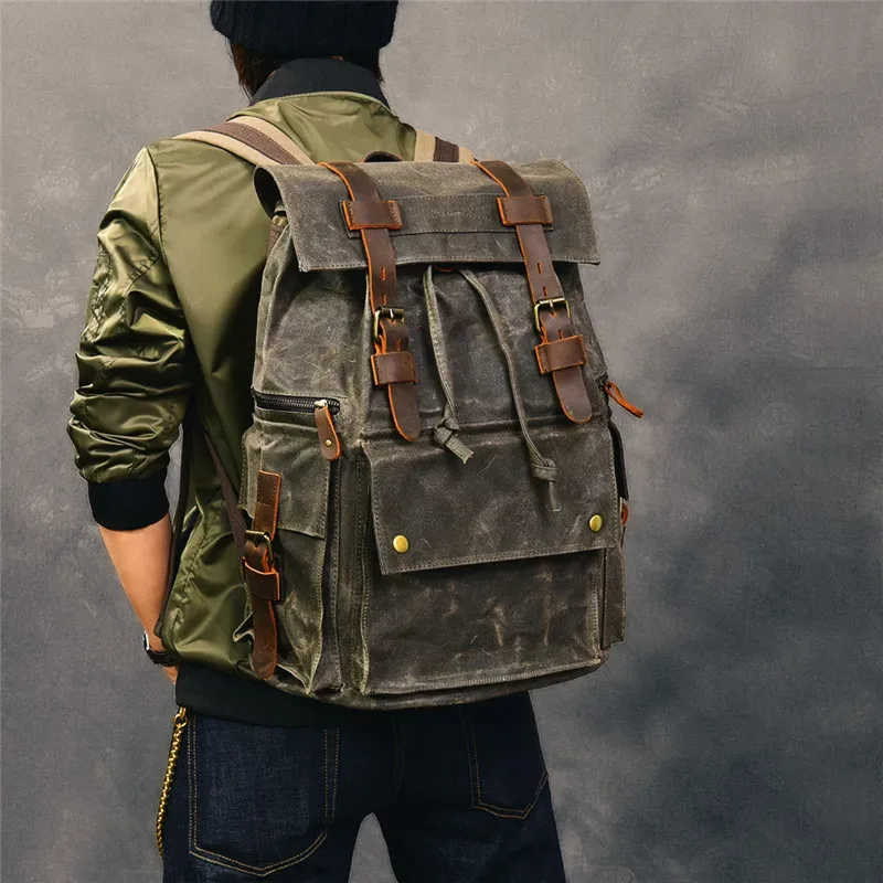 Sac à Dos Vintage en Toile et Cuir group pour Homme, Cartable Imperméable de Grande Capacité, en Cuir de Vache, pour Voyage en Plein Air