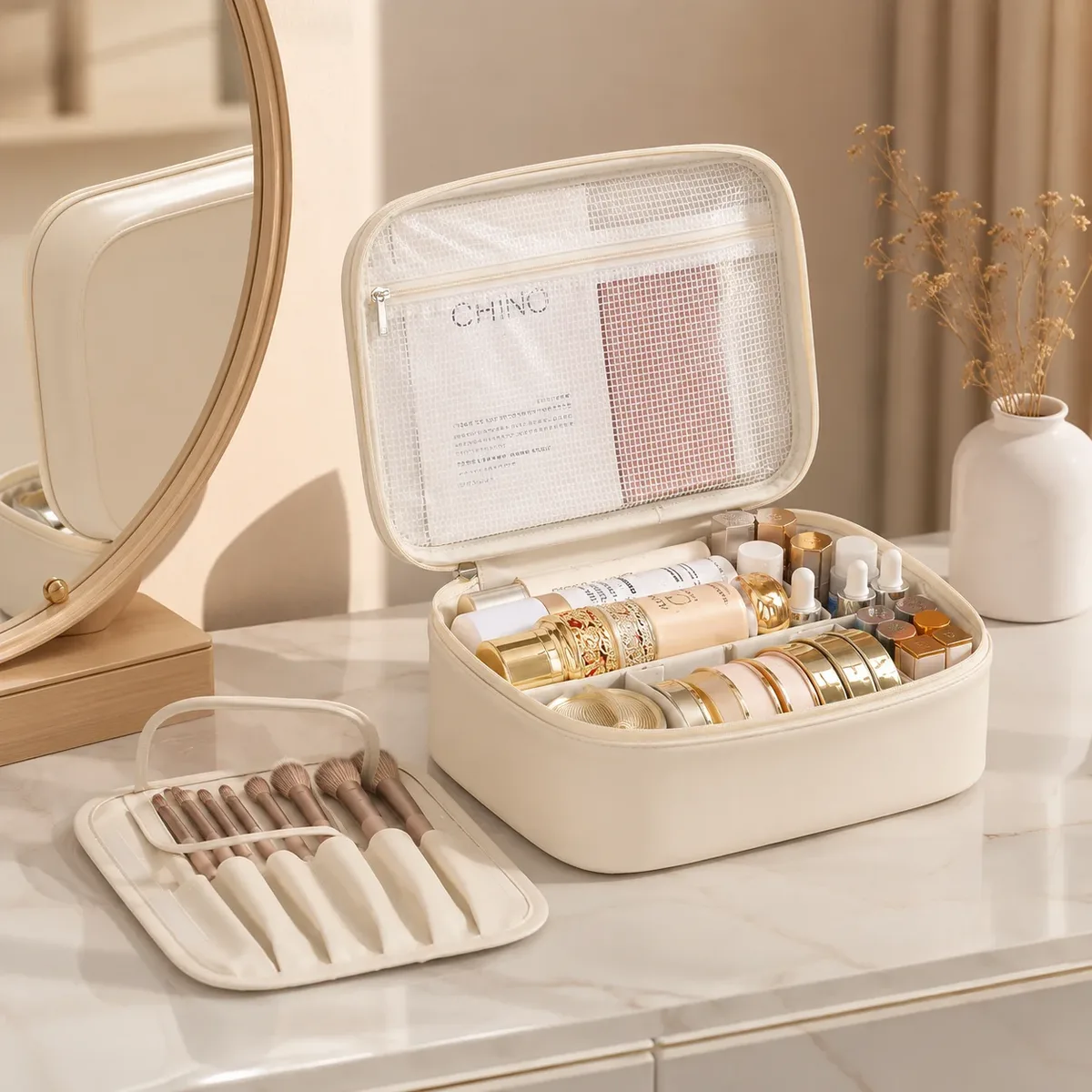 grande trousse de maquillage portable avec panneau à pinceaux amovible, étui de rangement cosmétique de voyage pour femmes