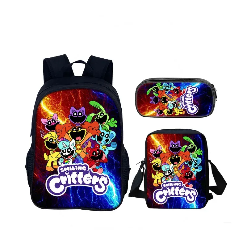 Ensemble de 3 sacs d'école de créatures souriantes, sac à dos de 40cm/15.7 pouces, sac à bandoulière, trousse à crayons, sacs de livres d'ordinateur pour garçons et filles, meilleur cadeau