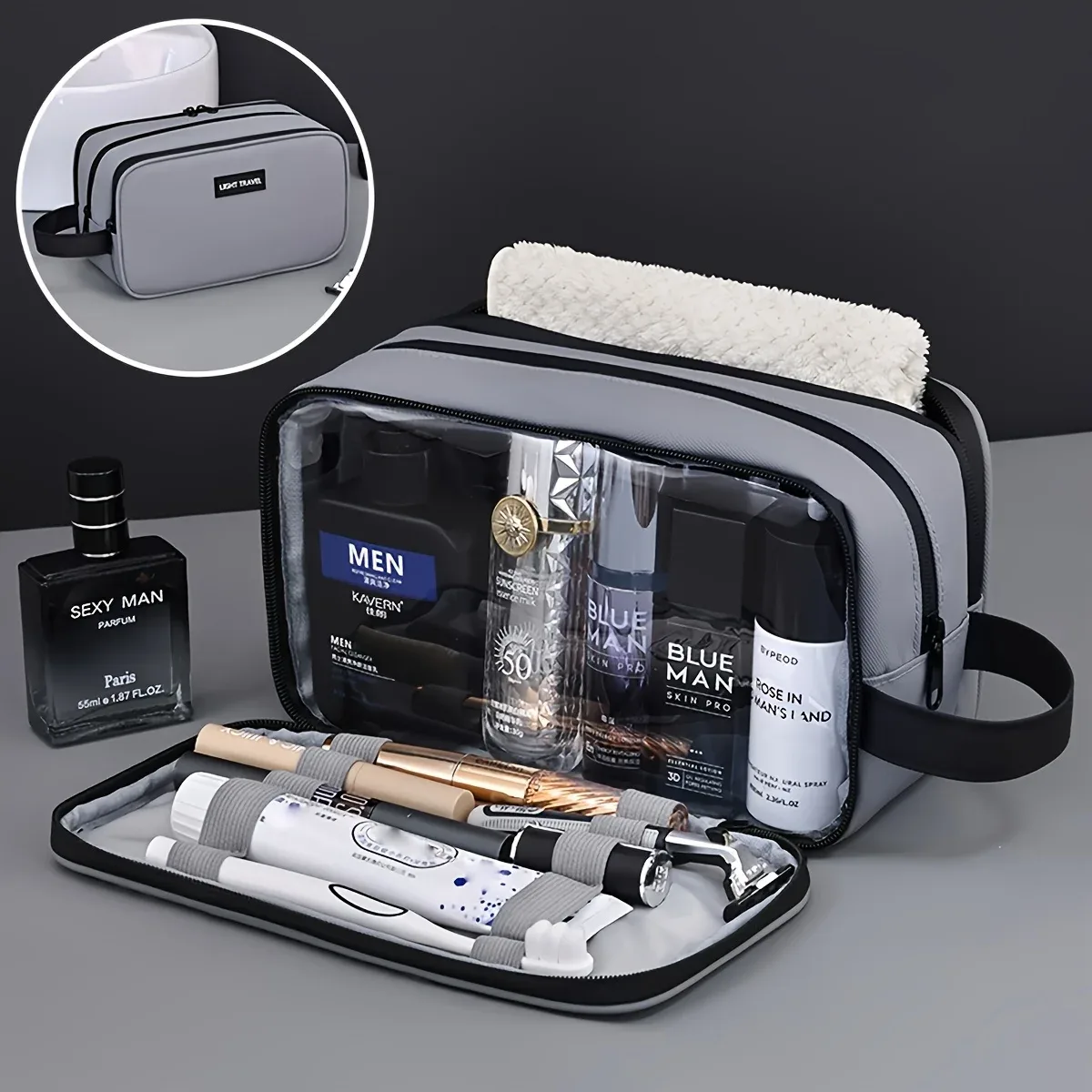 sac de rangement de cosmétiques double couche pour hommes, sac de maquillage et de beauté portable à fermeture éclair, sacs de rangement de produits de toilette de voyage d'affaires