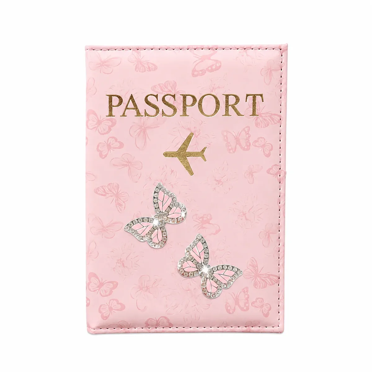 porte-passeport en cuir pu rose papillon, étui de voyage orné de strass avec emplacements pour cartes pour femme, cadeau idéal pour les vacances à l'aéroport