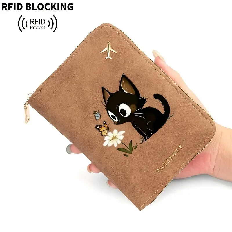 portefeuille de voyage pour femme en cuir pu avec blocage rfid, motif chat et fleurs imprimé en 2d, étui de passeport sécurisé pour documents