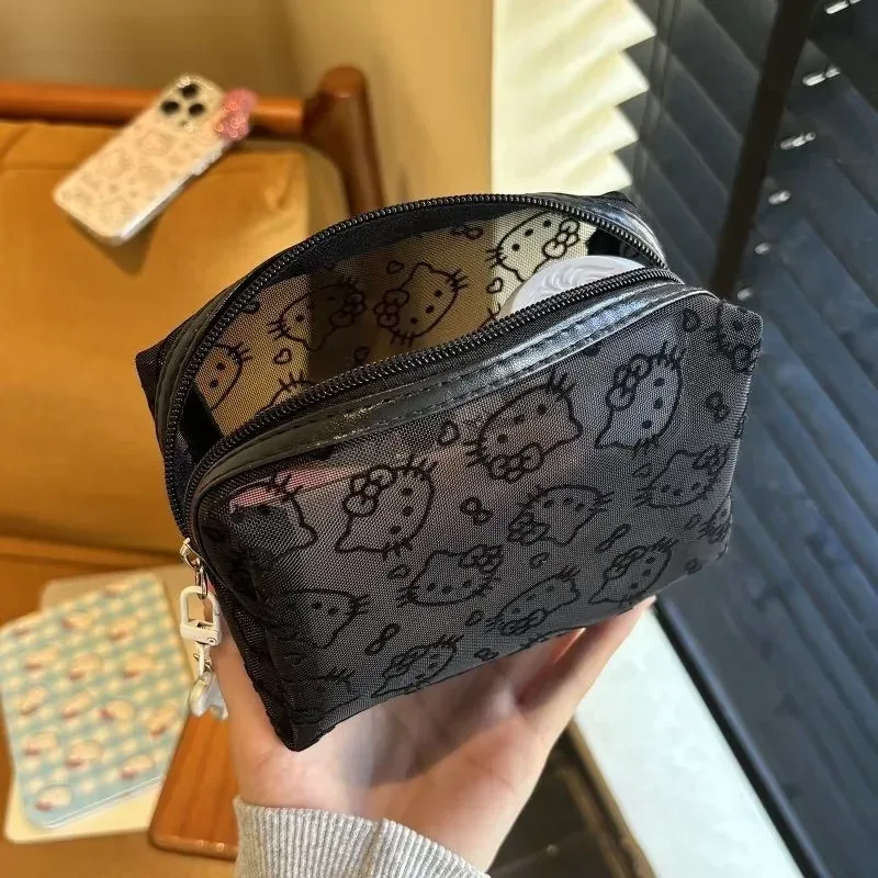 pochette de maquillage noire en maille, mignonne et portable, grande capacité, organiseur de toilette de voyage