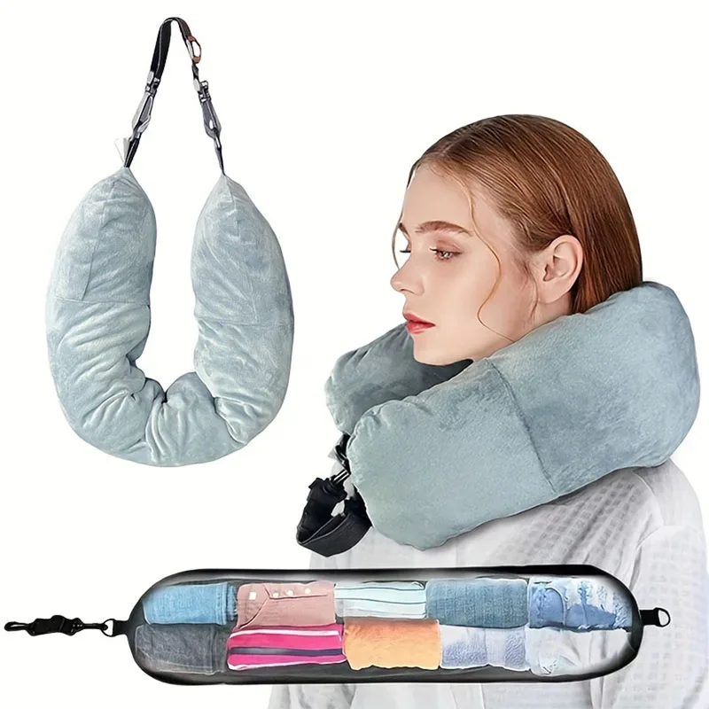 oreiller de voyage pliable, coussin de soutien cervical multifonctionnel, oreiller léger et portable pour les voyages en avion et en voiture.