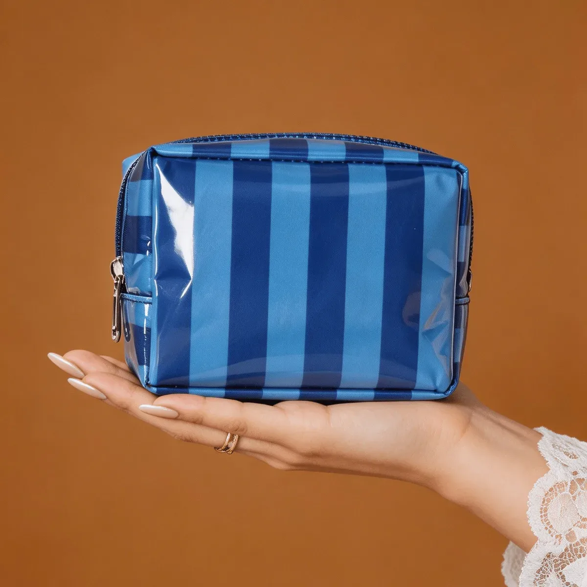 sac à cosmétiques rayé japonais et coréen avec fermeture éclair, trousse de toilette étanche pour voyage, petite trousse de maquillage mignonne