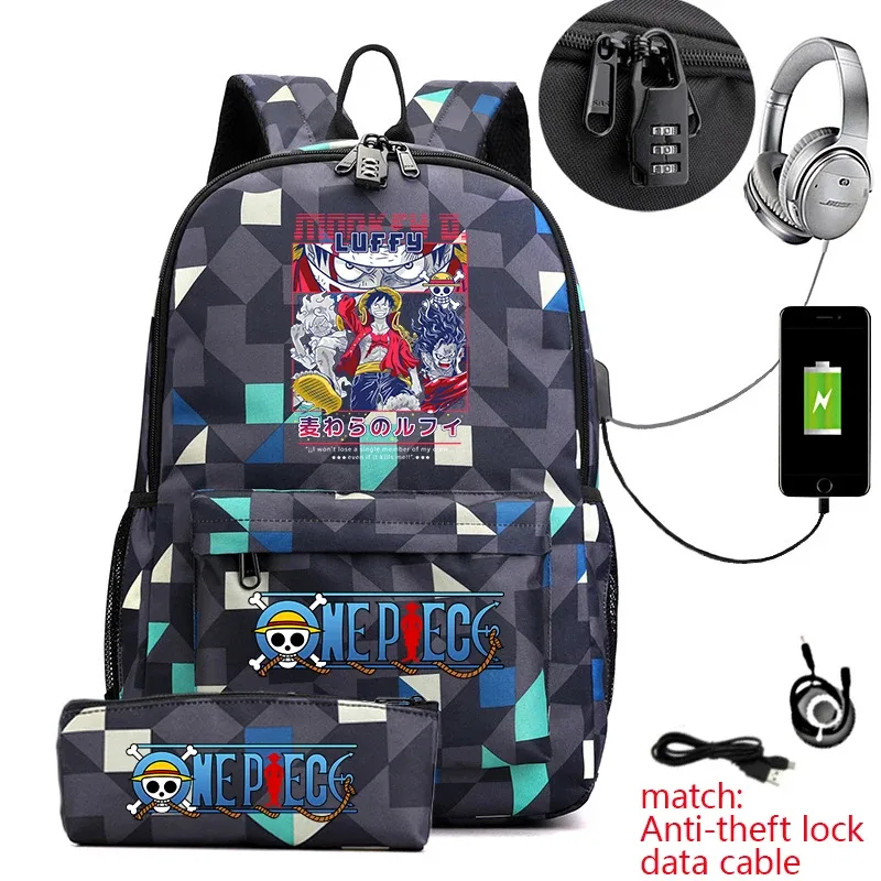 sac à dos d'étudiant imprimé one piece luffy, sac d'école décontracté antivol avec trousse à crayons pour garçons et filles
