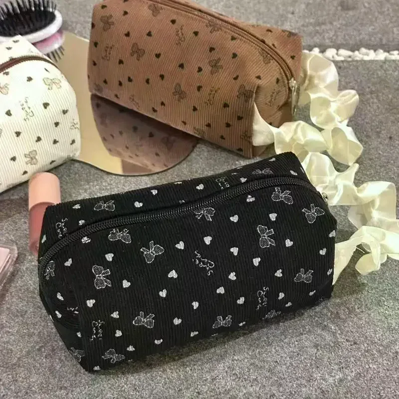 Kawaii – trousse de maquillage avec nœud en velours côtelé, grande capacité, sacs à cosmétiques multifonctionnels pour femmes, étuis à main, trousse à crayons, sac de rangement