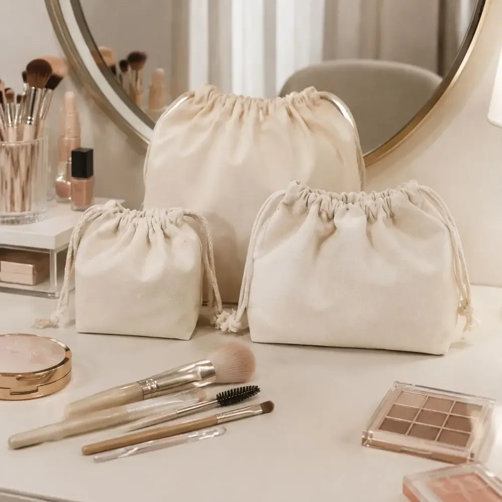 sacs cosmétiques portables en toile avec cordon de serrage, pochettes de maquillage souples réutilisables, sacs de rangement de voyage pour femmes