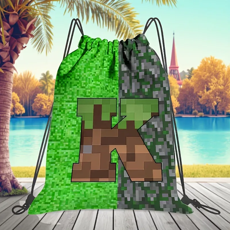 sac à dos à cordon de serrage de grande capacité pour jeux vidéo, avec lettrage pixelisé, unisexe, motif géométrique multicolore, 1 pièce