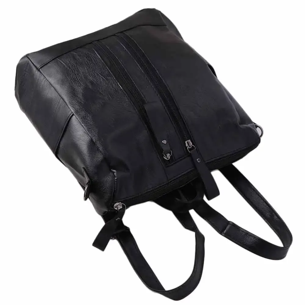 sac à dos en cuir noir, cuir souple, bretelles réglables, style coréen, grande capacité, fermeture à glissière