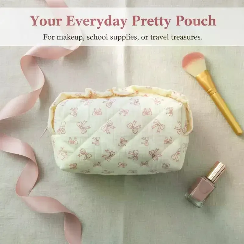 Grande Trousse de Maquillage Florale à Grande Capacité avec Nœud et Bord Volanté – Étui de Rangement Cosmétique pour l'École, les Voyages et l'Organisation à Domicile
