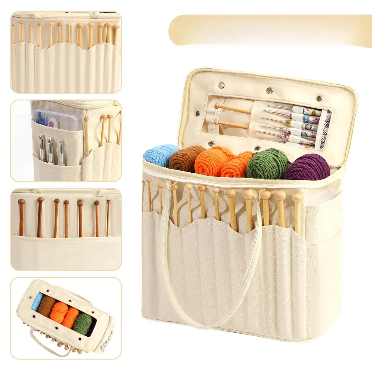 Sac de rangement portable en toile pour outils de crochet, grande capacité, pour accessoires de crochet, organisateur moderne et polyvalent, indispensable pour les voyages