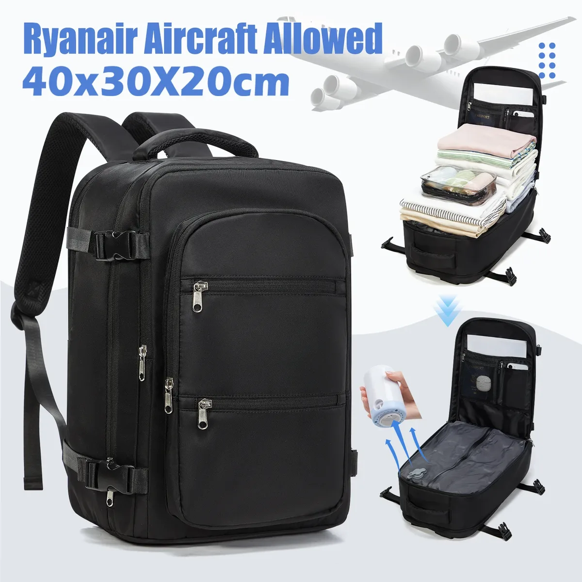 avion wizzair 40x30x20 sac à dos air sous vide compression sac à dos hommes sac à dos voyage cabine valise, bagages à main sacs pour ordinateur portable
