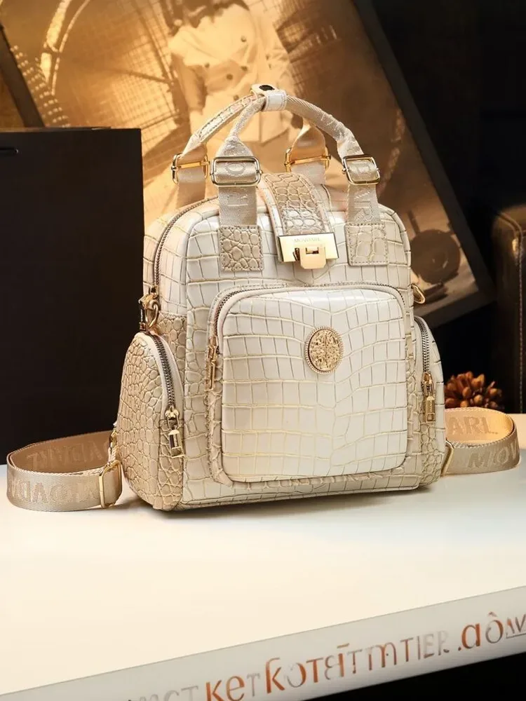 Sac à dos motif Crocodile pour femmes, fourre-tout en cuir véritable, sac à bandoulière multifonctionnel de grande capacité Convertible, fourre-tout