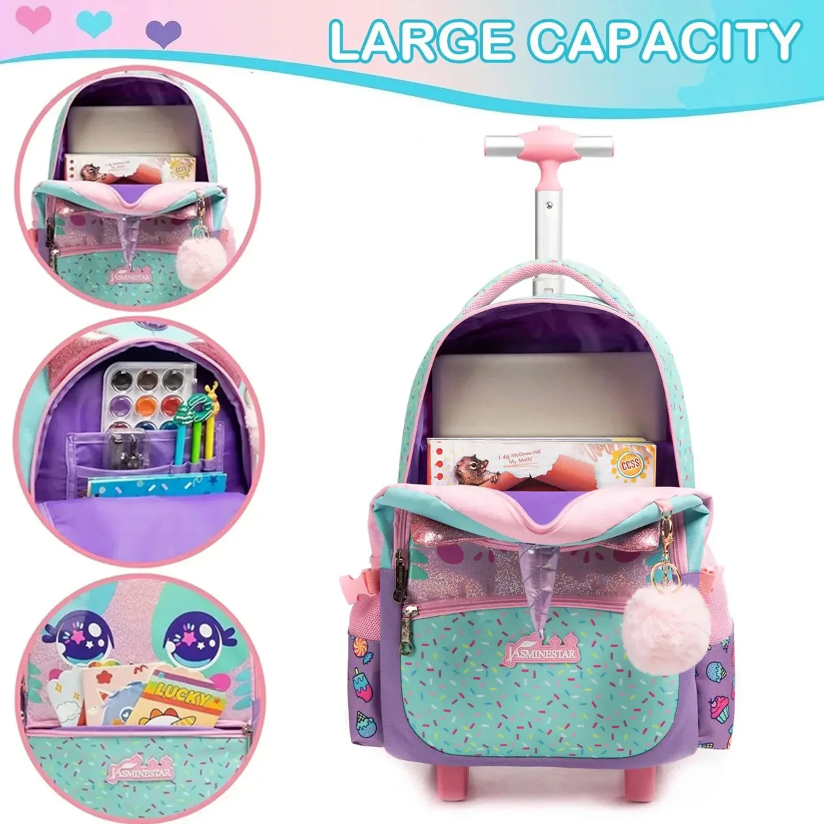 interrupteur sac à dos à roulettes pour filles, sacs à dos à roulettes pour élèves du primaire, bagages de voyage 3 en 1, valise à main, 3 pièces
