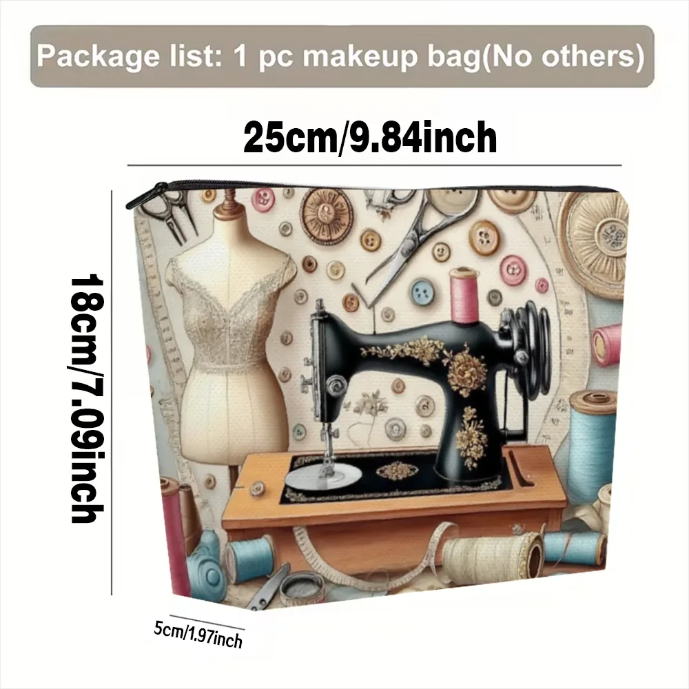 sac à cosmétiques vintage pour machine à coudre et tissu imprimé, pochette de rangement de maquillage à fermeture éclair, étui de voyage léger et pliable, sac de rangement