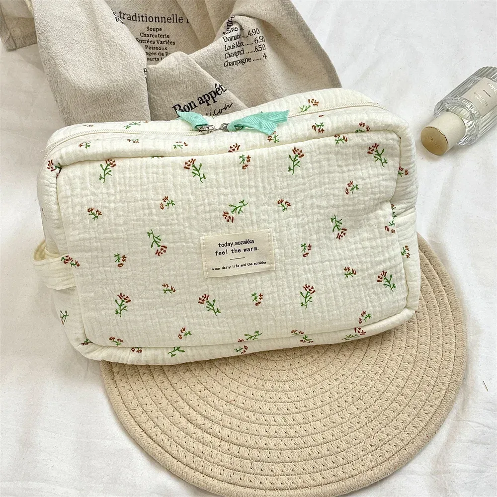sac à cosmétiques à fleurs bleues de grande capacité, trousse de maquillage pour femmes, organisateur de voyage, trousse de toilette essentielle, pochette de maquillage, trousse à crayons pour filles