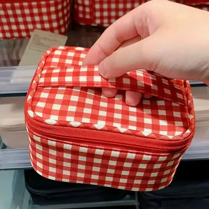 nouvelle trousse de maquillage rose rayée mignonne pour femme y2k, sac à main portable avec miroir et fermeture éclair, pochette de toilette en coton doux, organisateur de voyage cosmétique