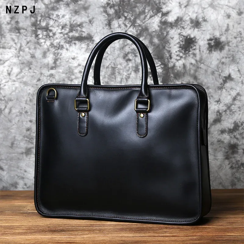 nzpj porte-documents en cuir pour hommes sac à main rétro couche supérieure en peau de vache pochette d'ordinateur sac à bandoulière en cuir de cheval fou sac de luxe