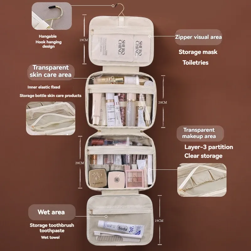 nouveau sac à cosmétiques suspendu en cuir pu pour femmes, rangement portable, organisateur de maquillage, sacs de rangement de toilette de voyage de grande capacité