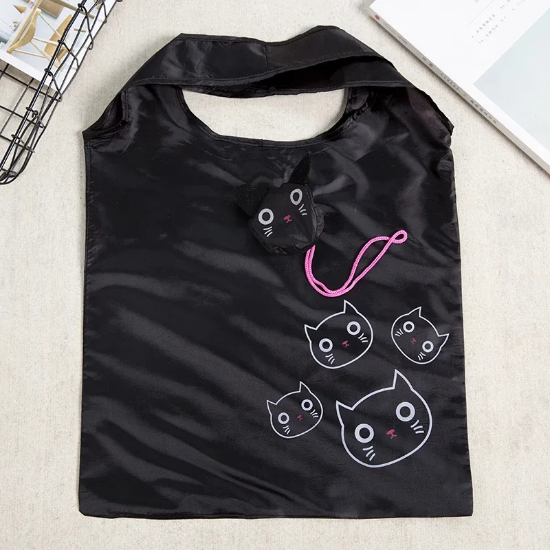 Sac fourre-tout pliable écologique Black Cat, en forme de chouette mignonne, sac de shopping portable et réutilisable pour femmes, sac à bandoulière de voyage, cadeau