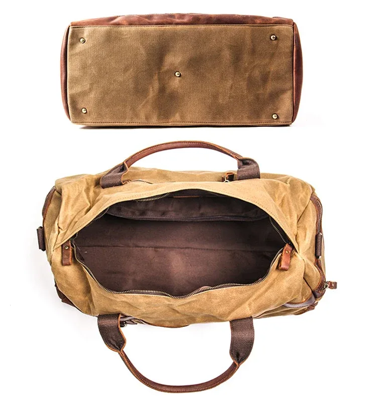 sac de voyage pour homme en toile cirée imperméable et cuir, sac à main, sac de cabine, grand sac fourre-tout vintage, sac de week-end, grand sac de nuit.