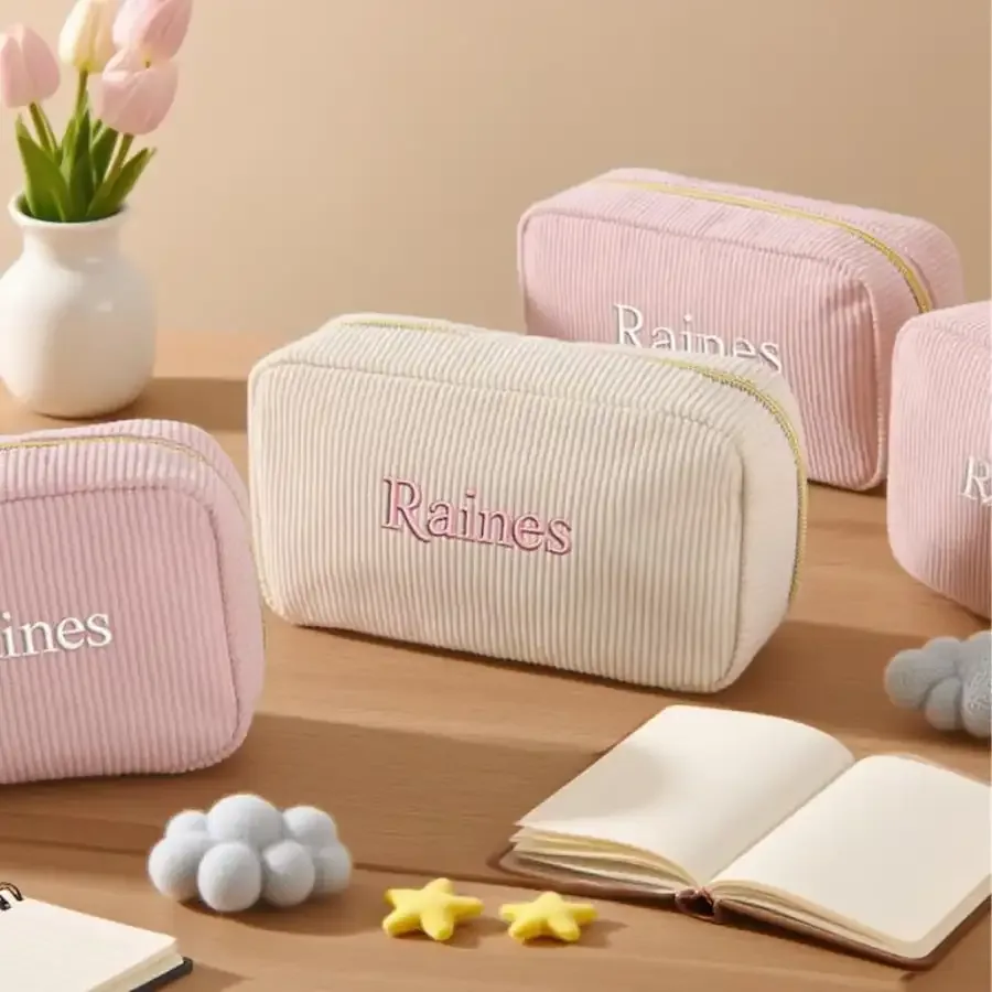 pochette de maquillage personnalisée en velours côtelé, avec nom personnalisé, grande capacité, trousse de toilette de voyage, cadeau pour demoiselle d'honneur, organiseur de rangement
