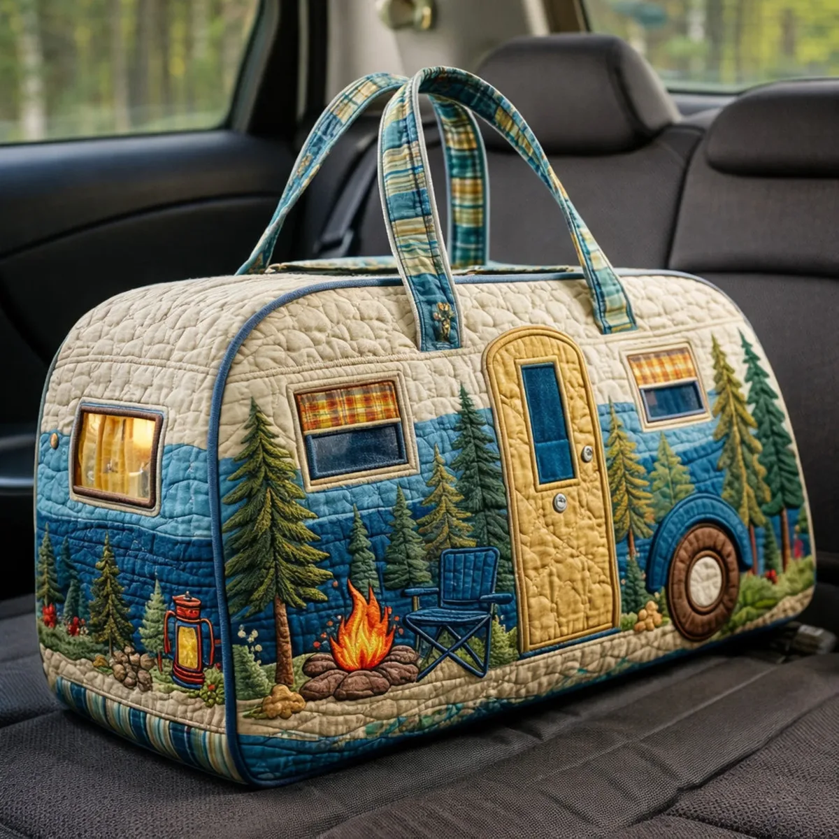 sac de voyage matelassé à bretelles réglables, en forme de voiture de camping, grande capacité, imprimé, pour la gym, le camping, la plage et les activités de plein air