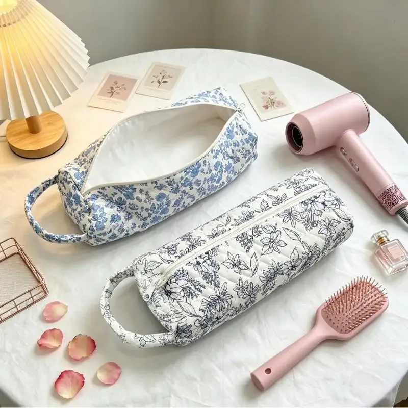 sac de rangement matelassé pour sèche-cheveux avec imprimé floral mignon, poignée portable, grande capacité, étui de transport pour voyage, organisateur de salle de bain